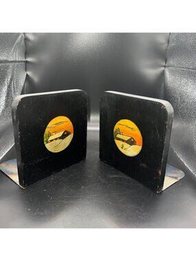 Hand Painted Wooden Bookends Sunset Landscape Rustic Cabin Metal base Vintage